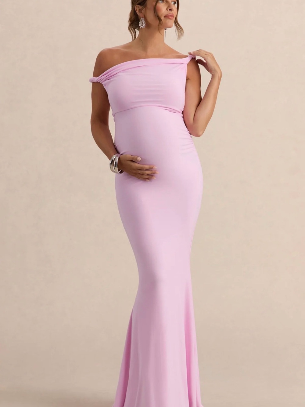 Club L London One-Shoulder Maternity Gown in Light Pink